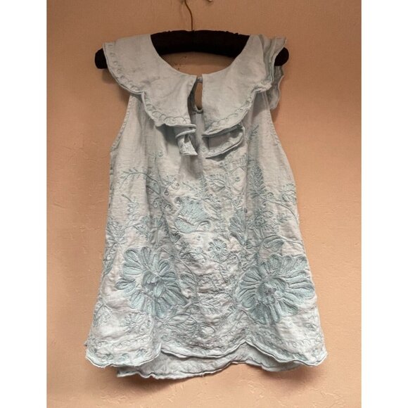 Anthropologie Meadow Rue Womens Embroidery Ruffle Neck Linen Top Size 12 Blue - Picture 2 of 9